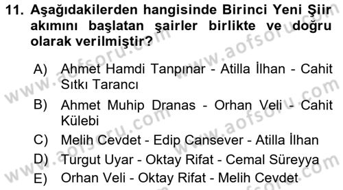 Cumhuriyet Dönemi Türk Şiiri Dersi 2018 - 2019 Yılı (Vize) Ara Sınav Soruları 11. Soru