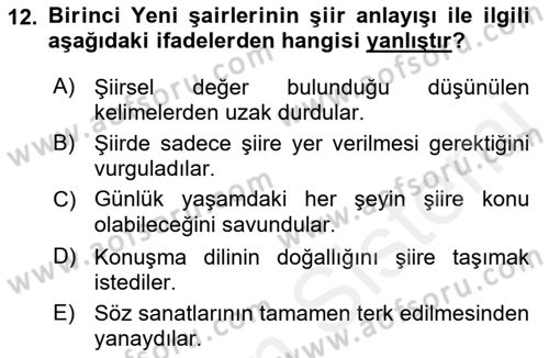 Cumhuriyet Dönemi Türk Şiiri Dersi 2018 - 2019 Yılı (Vize) Ara Sınav Soruları 12. Soru