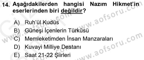Cumhuriyet Dönemi Türk Şiiri Dersi Ara Sınavı Deneme Sınav Soruları 14. Soru