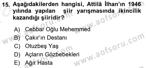Cumhuriyet Dönemi Türk Şiiri Dersi 2018 - 2019 Yılı (Vize) Ara Sınav Soruları 15. Soru