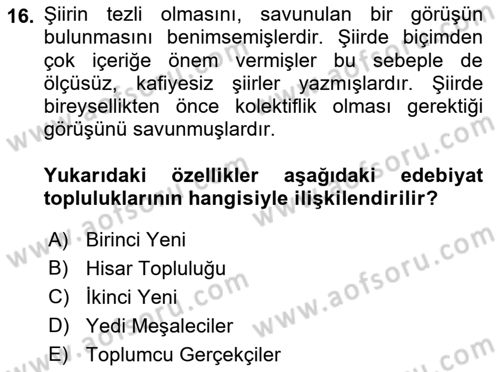Cumhuriyet Dönemi Türk Şiiri Dersi Ara Sınavı Deneme Sınav Soruları 16. Soru