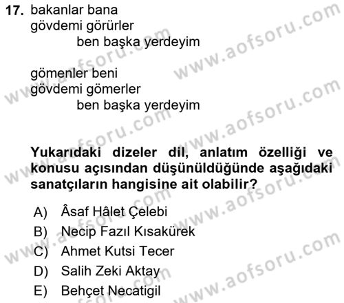 Cumhuriyet Dönemi Türk Şiiri Dersi Ara Sınavı Deneme Sınav Soruları 17. Soru