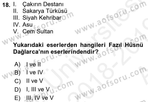 Cumhuriyet Dönemi Türk Şiiri Dersi 2018 - 2019 Yılı (Vize) Ara Sınav Soruları 18. Soru