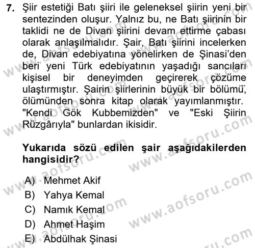 Cumhuriyet Dönemi Türk Şiiri Dersi Ara Sınavı Deneme Sınav Soruları 7. Soru
