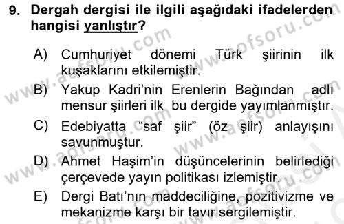 Cumhuriyet Dönemi Türk Şiiri Dersi 2018 - 2019 Yılı (Vize) Ara Sınav Soruları 9. Soru