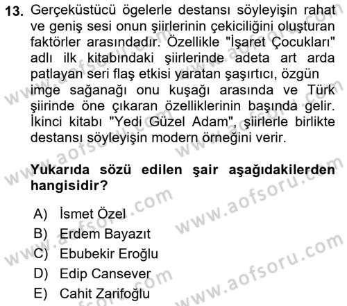 Cumhuriyet Dönemi Türk Şiiri Dersi 2018 - 2019 Yılı (Final) Dönem Sonu Sınavı 13. Soru