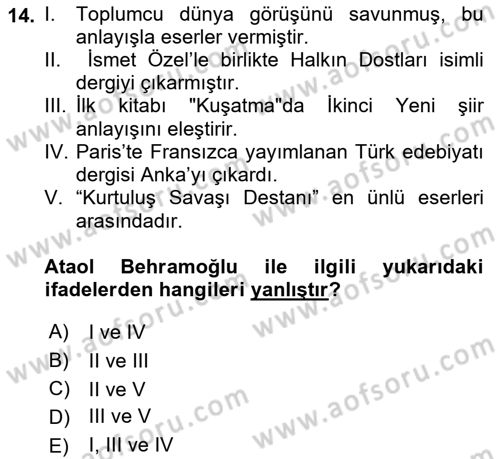 Cumhuriyet Dönemi Türk Şiiri Dersi 2018 - 2019 Yılı (Final) Dönem Sonu Sınavı 14. Soru