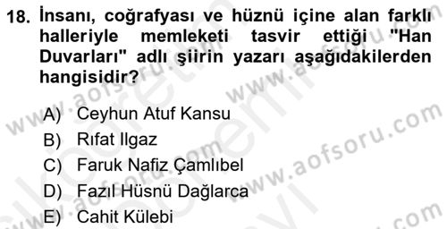 Cumhuriyet Dönemi Türk Şiiri Dersi 2018 - 2019 Yılı (Final) Dönem Sonu Sınavı 18. Soru