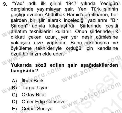 Cumhuriyet Dönemi Türk Şiiri Dersi 2018 - 2019 Yılı (Final) Dönem Sonu Sınavı 9. Soru