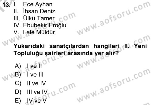 Cumhuriyet Dönemi Türk Şiiri Dersi 2018 - 2019 Yılı Yaz Okulu Sınav Soruları 13. Soru