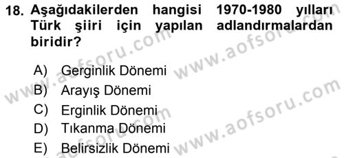 Cumhuriyet Dönemi Türk Şiiri Dersi 2018 - 2019 Yılı Yaz Okulu Sınav Soruları 18. Soru
