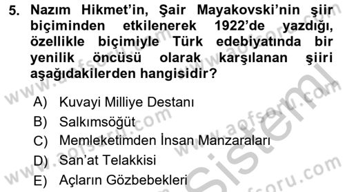 Cumhuriyet Dönemi Türk Şiiri Dersi 2018 - 2019 Yılı Yaz Okulu Sınav Soruları 5. Soru
