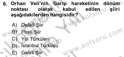 Cumhuriyet Dönemi Türk Şiiri Dersi 2018 - 2019 Yılı Yaz Okulu Sınav Soruları 6. Soru