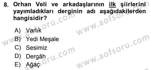 Cumhuriyet Dönemi Türk Şiiri Dersi 2018 - 2019 Yılı Yaz Okulu Sınav Soruları 8. Soru
