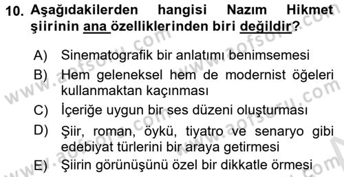 Cumhuriyet Dönemi Türk Şiiri Dersi Ara Sınavı Deneme Sınav Soruları 10. Soru