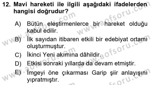 Cumhuriyet Dönemi Türk Şiiri Dersi Ara Sınavı Deneme Sınav Soruları 12. Soru
