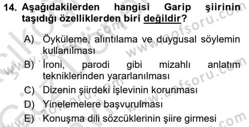 Cumhuriyet Dönemi Türk Şiiri Dersi Ara Sınavı Deneme Sınav Soruları 14. Soru