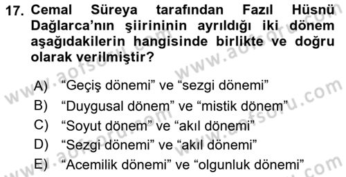 Cumhuriyet Dönemi Türk Şiiri Dersi 2019 - 2020 Yılı (Vize) Ara Sınav Soruları 17. Soru