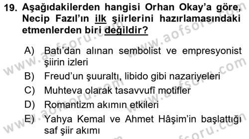 Cumhuriyet Dönemi Türk Şiiri Dersi 2019 - 2020 Yılı (Vize) Ara Sınav Soruları 19. Soru