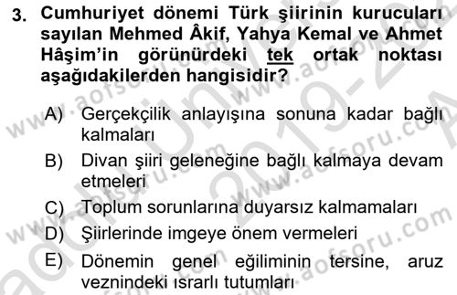Cumhuriyet Dönemi Türk Şiiri Dersi 2019 - 2020 Yılı (Vize) Ara Sınav Soruları 3. Soru
