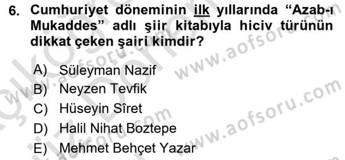 Cumhuriyet Dönemi Türk Şiiri Dersi 2019 - 2020 Yılı (Vize) Ara Sınav Soruları 6. Soru