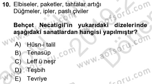Cumhuriyet Dönemi Türk Şiiri Dersi 2019 - 2020 Yılı (Final) Dönem Sonu Sınav Soruları 10. Soru