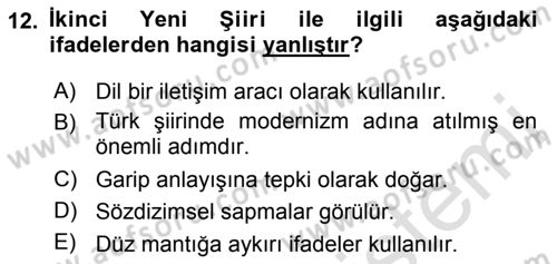 Cumhuriyet Dönemi Türk Şiiri Dersi 2019 - 2020 Yılı (Final) Dönem Sonu Sınav Soruları 12. Soru