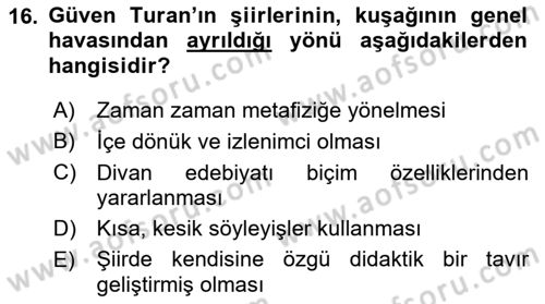 Cumhuriyet Dönemi Türk Şiiri Dersi 2019 - 2020 Yılı (Final) Dönem Sonu Sınav Soruları 16. Soru