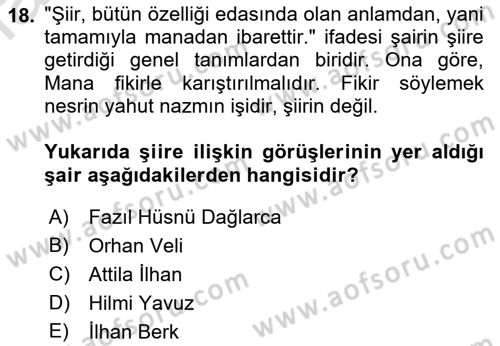 Cumhuriyet Dönemi Türk Şiiri Dersi 2019 - 2020 Yılı (Final) Dönem Sonu Sınav Soruları 18. Soru