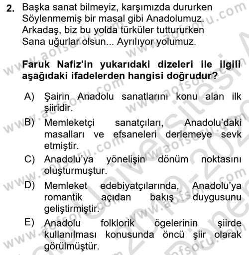 Cumhuriyet Dönemi Türk Şiiri Dersi 2019 - 2020 Yılı (Final) Dönem Sonu Sınav Soruları 2. Soru