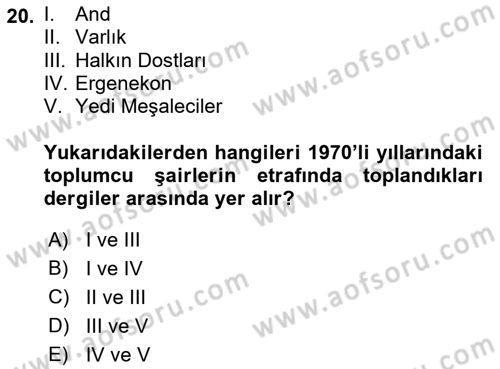 Cumhuriyet Dönemi Türk Şiiri Dersi 2019 - 2020 Yılı (Final) Dönem Sonu Sınav Soruları 20. Soru