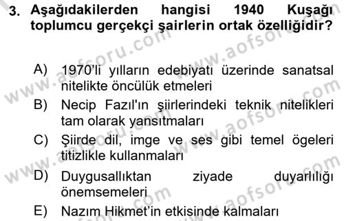 Cumhuriyet Dönemi Türk Şiiri Dersi 2019 - 2020 Yılı (Final) Dönem Sonu Sınav Soruları 3. Soru