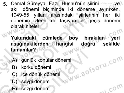 Cumhuriyet Dönemi Türk Şiiri Dersi 2019 - 2020 Yılı (Final) Dönem Sonu Sınav Soruları 5. Soru