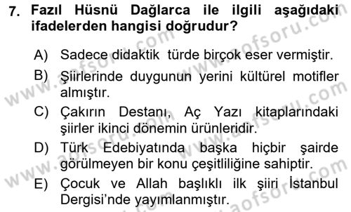 Cumhuriyet Dönemi Türk Şiiri Dersi 2019 - 2020 Yılı (Final) Dönem Sonu Sınav Soruları 7. Soru