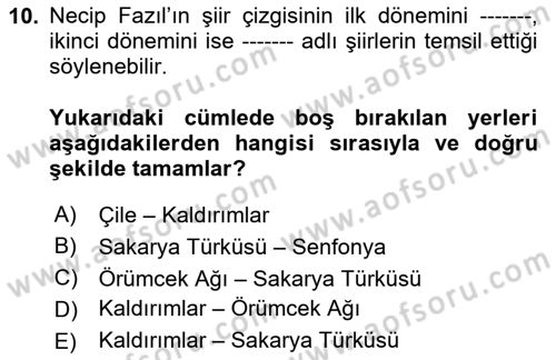 Cumhuriyet Dönemi Türk Şiiri Dersi 2020 - 2021 Yılı Yaz Okulu Sınav Soruları 10. Soru