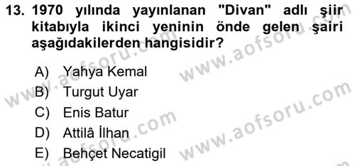Cumhuriyet Dönemi Türk Şiiri Dersi 2020 - 2021 Yılı Yaz Okulu Sınav Soruları 13. Soru