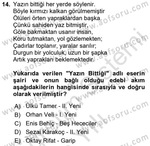 Cumhuriyet Dönemi Türk Şiiri Dersi 2020 - 2021 Yılı Yaz Okulu Sınav Soruları 14. Soru