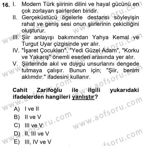 Cumhuriyet Dönemi Türk Şiiri Dersi 2020 - 2021 Yılı Yaz Okulu Sınav Soruları 16. Soru
