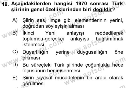 Cumhuriyet Dönemi Türk Şiiri Dersi 2020 - 2021 Yılı Yaz Okulu Sınav Soruları 19. Soru