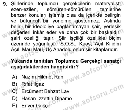 Cumhuriyet Dönemi Türk Şiiri Dersi 2020 - 2021 Yılı Yaz Okulu Sınav Soruları 9. Soru