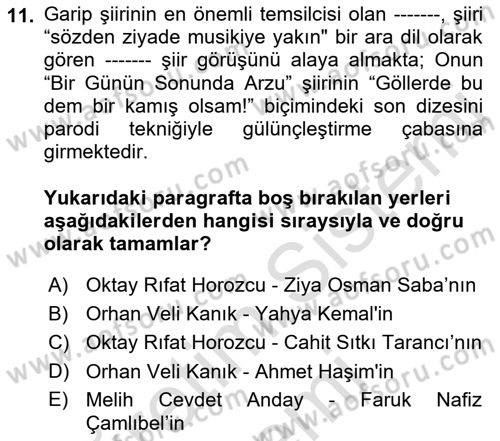 Cumhuriyet Dönemi Türk Şiiri Dersi Ara Sınavı Deneme Sınav Soruları 11. Soru