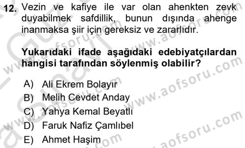 Cumhuriyet Dönemi Türk Şiiri Dersi Ara Sınavı Deneme Sınav Soruları 12. Soru