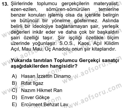 Cumhuriyet Dönemi Türk Şiiri Dersi Ara Sınavı Deneme Sınav Soruları 13. Soru