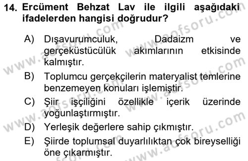 Cumhuriyet Dönemi Türk Şiiri Dersi 2021 - 2022 Yılı (Vize) Ara Sınav Soruları 14. Soru