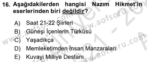 Cumhuriyet Dönemi Türk Şiiri Dersi Ara Sınavı Deneme Sınav Soruları 16. Soru