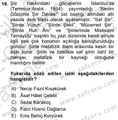 Cumhuriyet Dönemi Türk Şiiri Dersi 2021 - 2022 Yılı (Vize) Ara Sınav Soruları 19. Soru