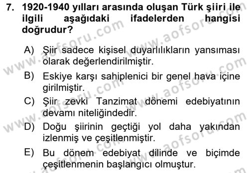 Cumhuriyet Dönemi Türk Şiiri Dersi 2021 - 2022 Yılı (Vize) Ara Sınav Soruları 7. Soru