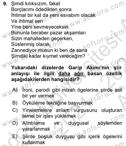 Cumhuriyet Dönemi Türk Şiiri Dersi 2021 - 2022 Yılı (Vize) Ara Sınav Soruları 9. Soru