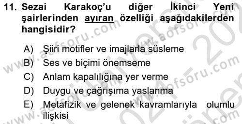 Cumhuriyet Dönemi Türk Şiiri Dersi 2021 - 2022 Yılı (Final) Dönem Sonu Sınav Soruları 11. Soru