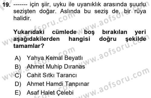 Cumhuriyet Dönemi Türk Şiiri Dersi 2021 - 2022 Yılı (Final) Dönem Sonu Sınav Soruları 19. Soru